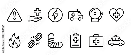 Safety, emergency, and medical outline icons set for health, danger, and assistance concepts in a modern graphic style