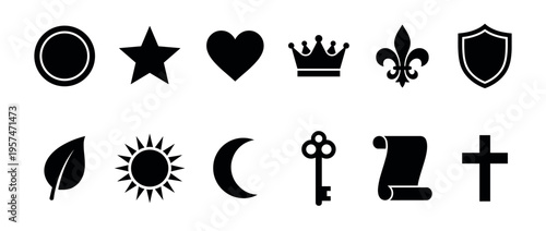 Collection of diverse black silhouette icons representing various symbols like nature, royalty, and spirituality for design elements.