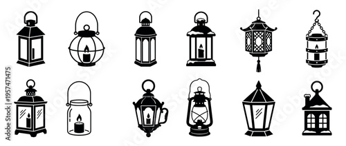 Collection of various vintage lanterns and lamps with candles inside, featuring diverse styles and designs for illumination and decoration.
