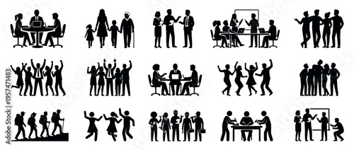 Diverse groups of people engaged in various social, business, and recreational activities, depicted as black silhouette icons.