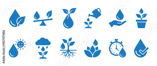 Water plant growth icons collection illustrating environmental care, sustainability, and the importance of natural resources for life and development.