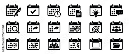 Collection of calendar icons with various symbols representing scheduling, planning, events, and time management concepts.