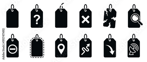 Collection of black tag icons with various symbols representing concepts like search, location, question, error, and status.