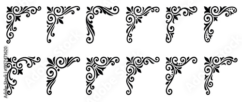 Ornate corner decorative elements collection featuring elegant floral scrollwork and classic design motifs perfect for embellishing various creative projects.