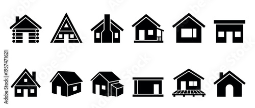 House icons collection featuring various dwelling designs and architectural styles for residential property concepts and real estate graphics