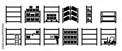 Warehouse storage shelves and logistics icons set depicting various inventory management processes and equipment for distribution centers.