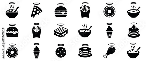 Collection of delicious food icons with halos representing guilty pleasures or heavenly treats, perfect for culinary concepts and menus.