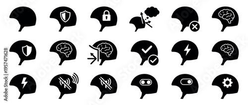 Helmet icons set representing brain protection, mental health, and cognitive functions with various symbols for safety and thought processes.