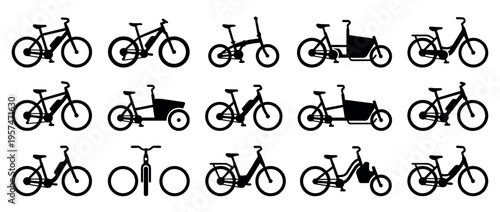 Silhouettes of various electric bicycles and cargo bikes, including folding, mountain, and city models, for sustainable urban transport.