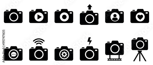 Collection of black camera icons illustrating various photography, videography, and social media functions for digital applications.