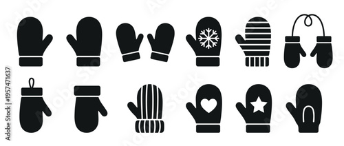 Diverse collection of winter mitten icons in black silhouette, featuring various designs for cold weather themes.