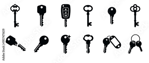 Collection of various keys icons including modern house keys, car remote keys, and vintage skeleton keys in a flat black silhouette style.