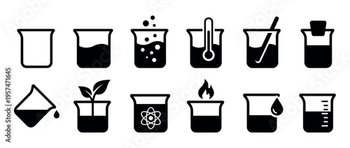 Laboratory beakers and chemistry flasks icon set illustrating various scientific experiments and processes in a research lab environment.