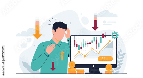 Stressed Investor Watching Stock Market Decline and Considering Selling