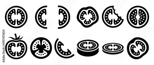 Collection of stylized tomato and tomato slice icons, depicting fresh vegetables in different forms for graphic design.