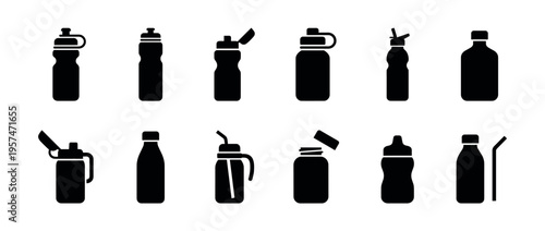 Collection of diverse water bottle and sports bottle icons, showcasing various designs for hydration and active lifestyles.