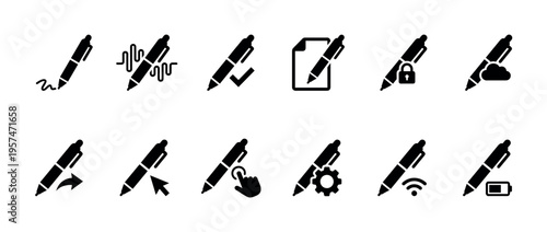 Pen icons set with various digital functions like writing, editing, security, cloud, and connectivity symbols for modern interfaces.