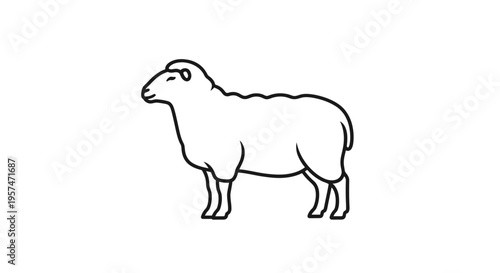 Minimalist black and white line art illustration of a sheep standing, simple farm animal drawing, vector graphic icon