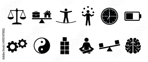 Various balance icons symbolizing work-life equilibrium, mental health, and personal harmony in a modern graphic style.