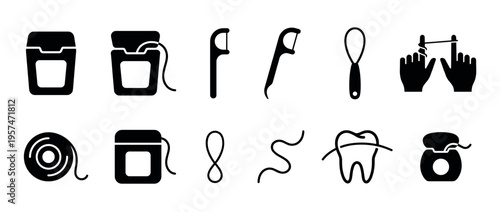 Comprehensive set of dental floss icons representing various tools and methods for maintaining excellent oral hygiene.