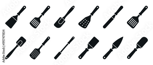 Spatulas kitchen utensils icons set, essential cooking tools collection for culinary preparation and serving food in various forms.