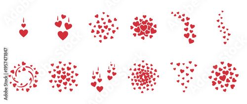 Red heart shapes in various arrangements, including falling, clustered, and circular patterns, symbolizing love, romance, and affection.