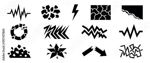 Damage icons collection with broken shapes, cracks, jagged lines, and shattered elements illustrating destruction and impact.