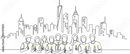 city skyline with group of people illustration