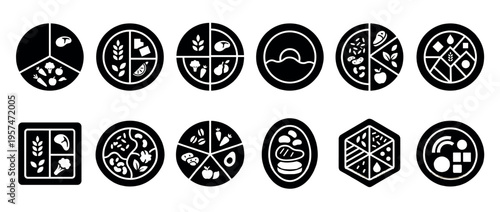 Collection of healthy eating icons and nutrition plates illustrating balanced food groups for a well-rounded diet and wellness concept.