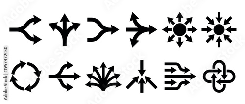 Collection of black arrow icons illustrating various directional concepts like merging, diverging, circular flow, expansion, and contraction for design elements.
