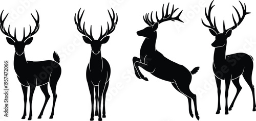 Elegant black deer silhouettes with antlers in various poses, wildlife vector illustration, animal design for nature, hunting, forest themes
