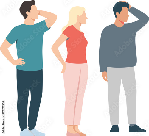 Confused people illustration, diverse individuals thinking, uncertainty gesture, problem solving concept, teamwork brainstorming, decision making, memory recall, contemplation art