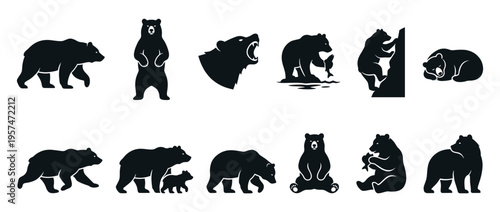 Bear silhouettes collection featuring various poses like walking, standing, climbing, fishing, and sleeping, perfect for wildlife and nature designs.