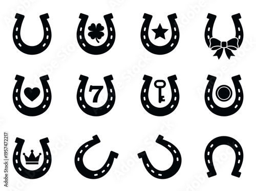 Horseshoes and lucky symbols vector icon set featuring various good fortune elements like clover, star, heart, key, and crown for prosperity designs.