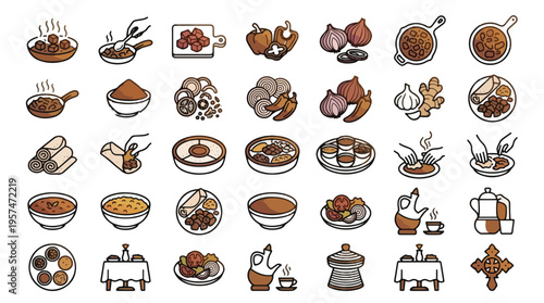 Ethiopian Cuisine and Culture Icon Set in Linear Style. A collection of food linear icons, including injera, wat, coffee ceremony, jebena, berbere, spices, doro, kitfo, habesha, and more. Line art.