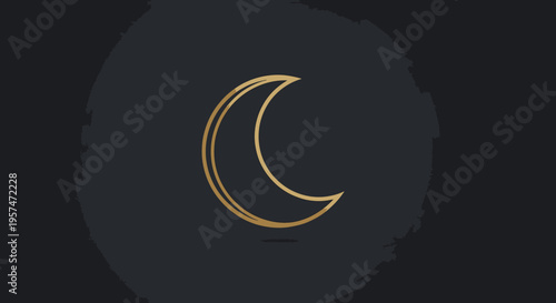 Elegant golden crescent moon outline icon on dark abstract brush stroke circle background. Minimalist celestial graphic design.