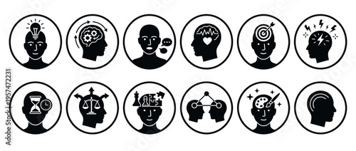 Human head icons illustrating various mental processes, cognitive functions, emotional states, and abstract concepts related to the mind and thinking.
