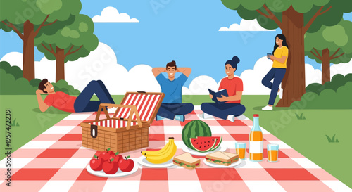 Friends enjoying a relaxing summer picnic outdoors in a park.