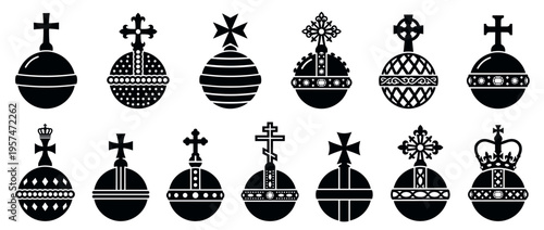 Collection of various royal orbs and globus cruciger symbols with different crosses and crowns, representing power and authority.