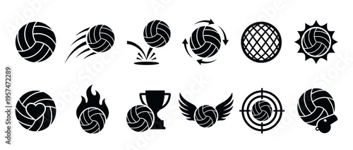 Collection of volleyball icons in black silhouette style, depicting the ball in different dynamic and symbolic representations for sports design.