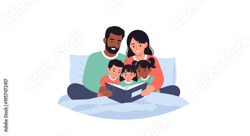 Diverse Family Reads Bedtime Story on Bed - Happy Parents and Children Bonding Over Book at Home