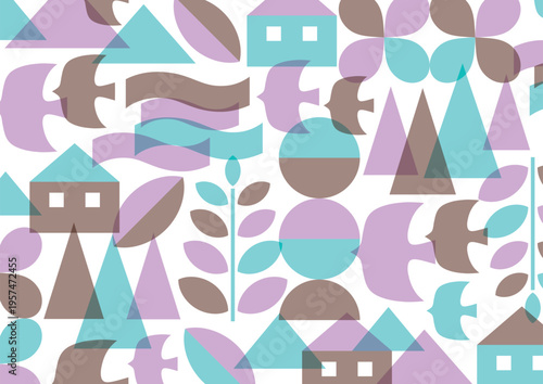 植物や図形の3色抽象北欧風幾何学模様