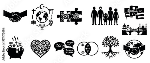 Diverse unity and cultural connection icons representing global community, religious harmony, and social cooperation in a comprehensive set.