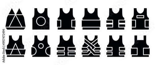 Collection of various tactical vests and body armor icons in black silhouette style, representing protection and security equipment.