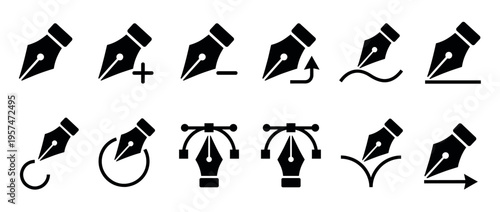 Vector pen tool icons representing various functions like adding, deleting, converting, and drawing paths in digital design.