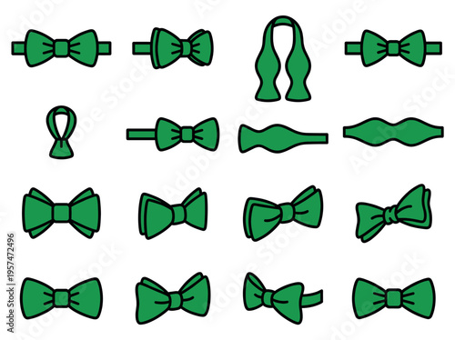 Collection of green bow ties in different shapes and stages, from classic tied to untied neckwear accessories.