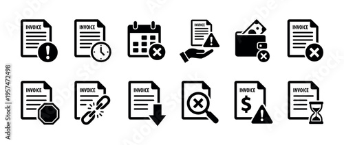 Set of invoice related vector icons depicting financial transactions, billing documents, payment alerts, and deadlines.
