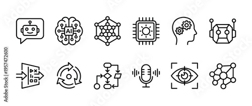 Artificial intelligence machine learning technology icons representing various concepts like robotics, data processing, neural networks, and cognitive computing in a modern line art style.