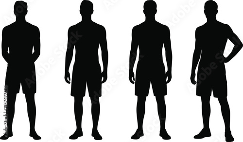 Silhouette male figures standing upright in different poses, barefoot wearing shorts, posture anatomy illustration for fitness, health, medical, assessment