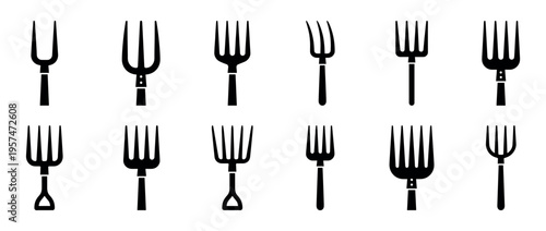 Forks icons set featuring various types of garden and kitchen utensils in a simple black silhouette design.